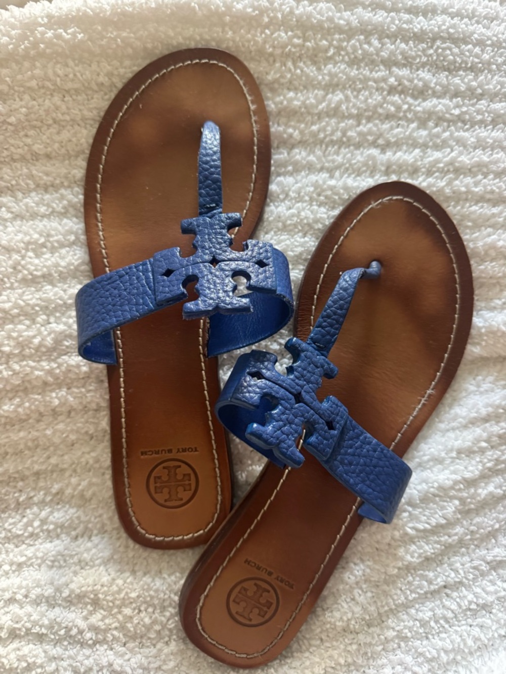 Tory Burch Blue Leather Logo Thong Sandals
